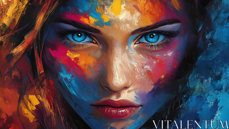 Vivid blue eyes glow within a storm of bold painted color