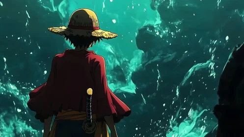 Straw hat figure facing turbulent glowing sea wall.