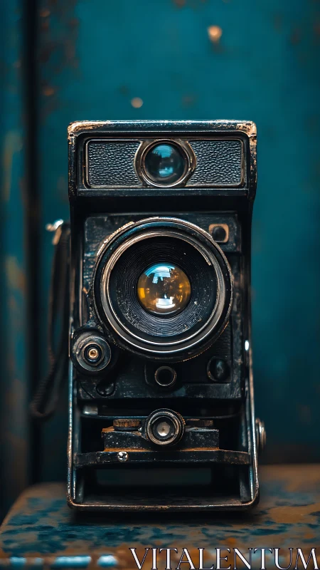Vintage box camera stands against moody teal backdrop