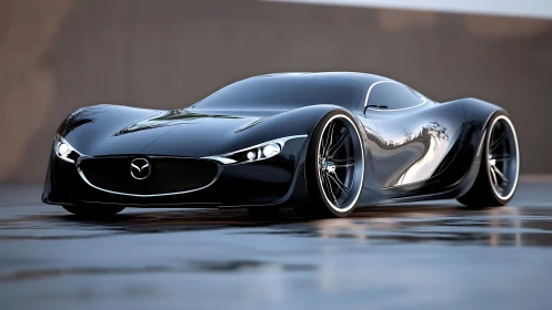 Midnight-black concept car gliding through quiet reflections.