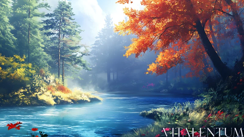 Spectral autumn riverbank under volumetric forest light fields.