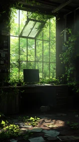 Abandoned vine-covered office absorbs diffuse forest light