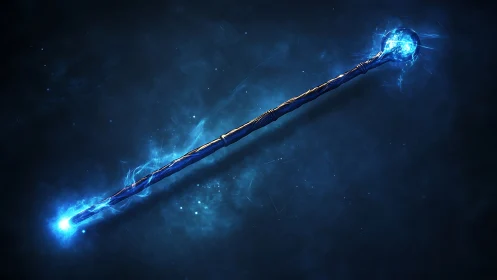 Glowing blue magic staff emits energy in a dark void