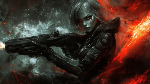 Fierce space renegade framed in flame lit cosmic chaos.