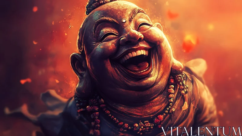 Laughing Buddha radiates warm joy in glowing orange light