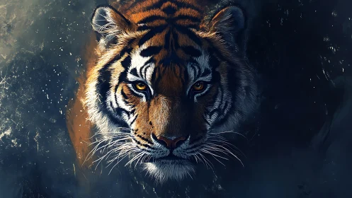 Midnight tiger portrait in dramatic sidelight glow.