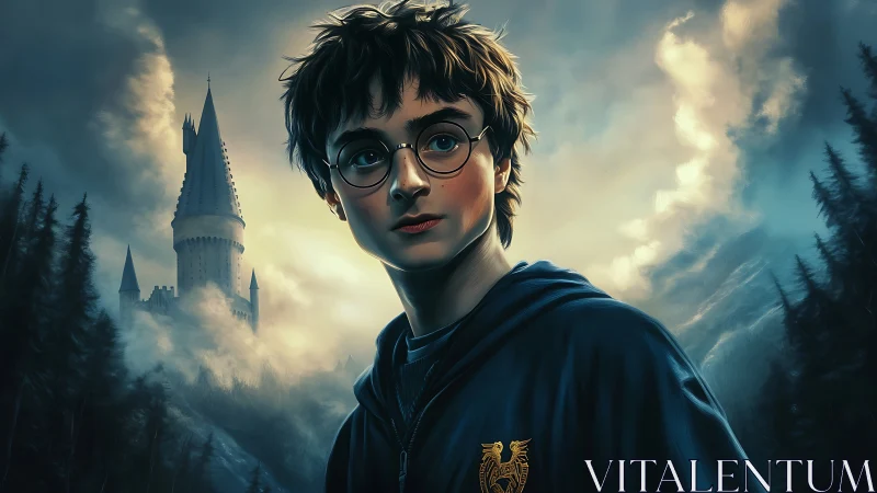 Moody digital portrait of bespectacled youth before misty tower.