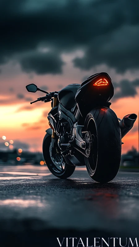 Sleek motorcycle poised for a bold sunset night ride.