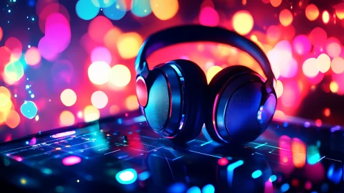 Neon headphones rest on digital mixer amid vivid bokeh light