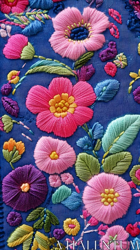 Vibrant Embroidered Floral Textile with Dimensional Threadwork