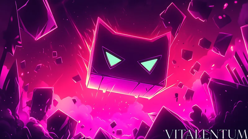 Neon cosmic cat cube dives through glowing pink chaos.