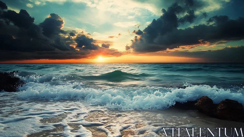 Storm-kissed waves salute a blazing, dream-soaked sunset seascape.