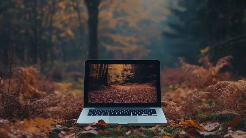 Open laptop on forest floor displaying aligned autumn path