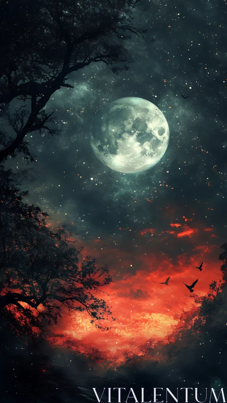 Full moon hangs above burning red horizon with dark trees