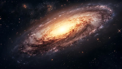 Spiral galaxy core blazing in richly detailed starfield.