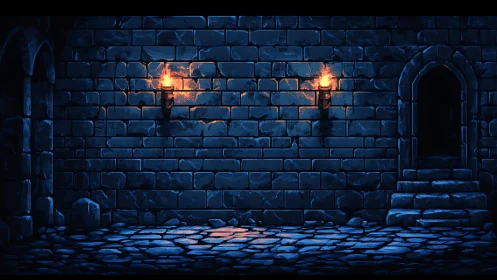 Pixel dungeon corridor with torches and arched portal lighting.