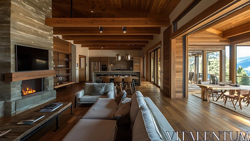 Open-plan timber interior integrates living, kitchen and terrace zones