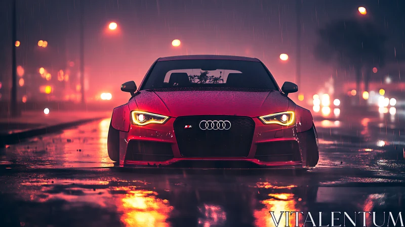 Red sports coupe idling in neon-soaked rainy boulevard night.