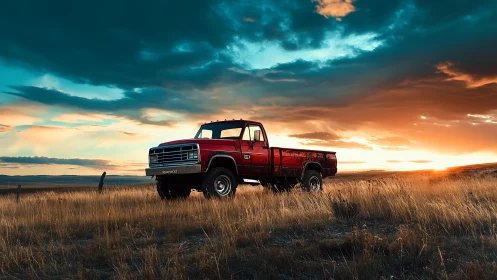 Sunset glow wraps a weathered red pickup in open prairie calm