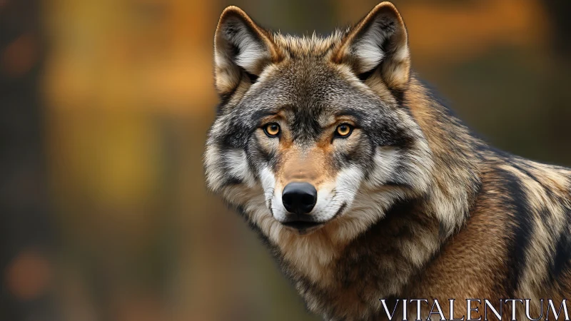 Forest-eyed wolf pauses while autumn light burns behind