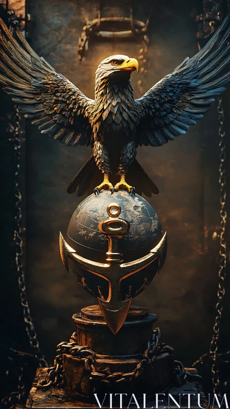 Eagle with spread wings on metallic globe anchor monument.