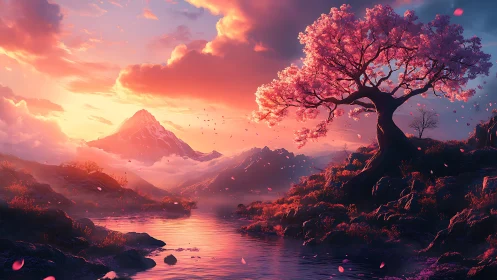 Radiant cherry blossom tree over sunset alpine river vista.