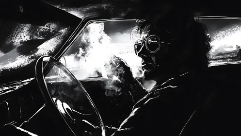 Smoky monochrome car interior with reflective driver portrait.