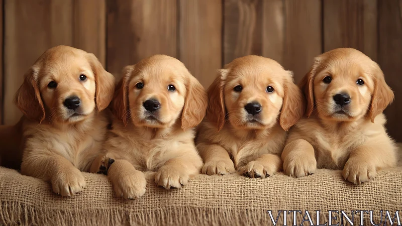 Golden retriever puppies rest on burlap before wooden wall