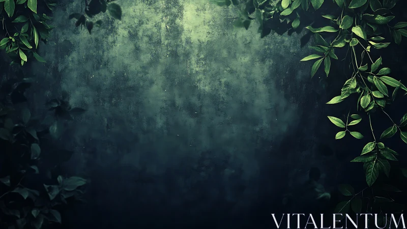 Moody green foliage framing textured dark wall background