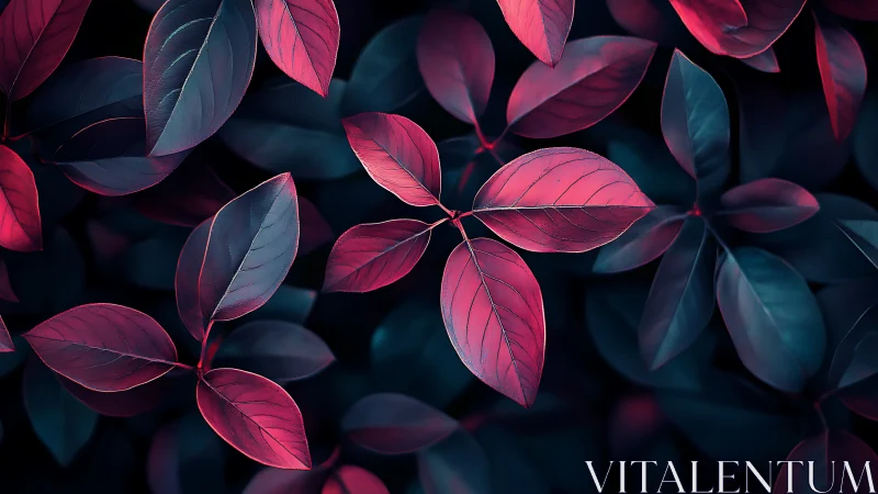 Crimson leaves glow against deep teal foliage in contrast.