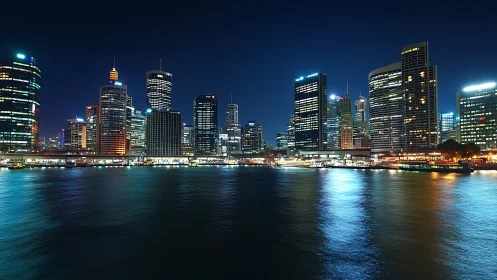 High-rise waterfront skyline under long-exposure nocturnal illumination