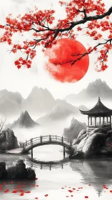 Ink-wash mountain pavilion with crimson sun and bridge composition.
