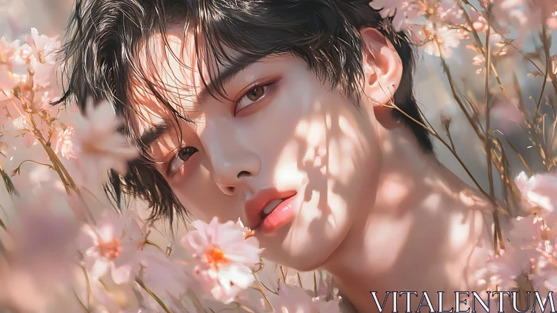 Soft-lit androgynous portrait blooms amid pastel flowers.