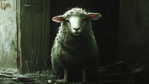 Solitary sheep stands in dim architectural doorway