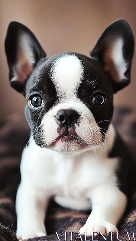 Black and white puppy portrait with alert upright ears.