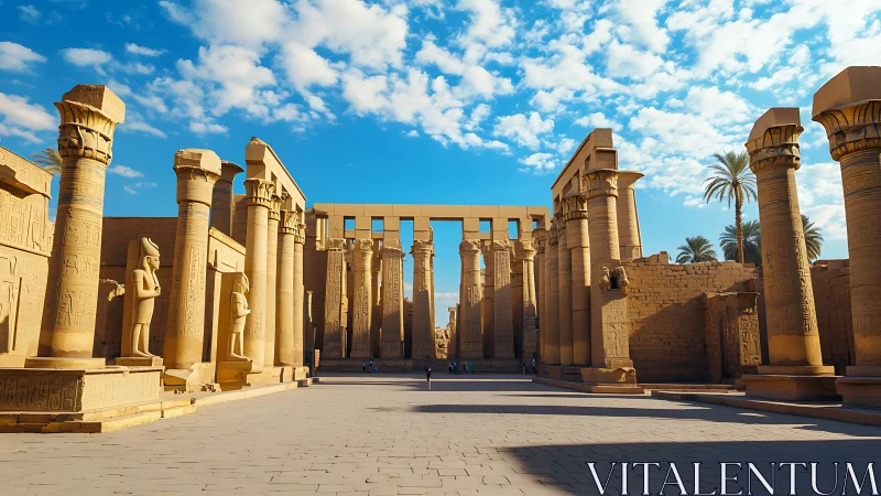 Sunlit pharaoh colonnade under a restless Egyptian sky.