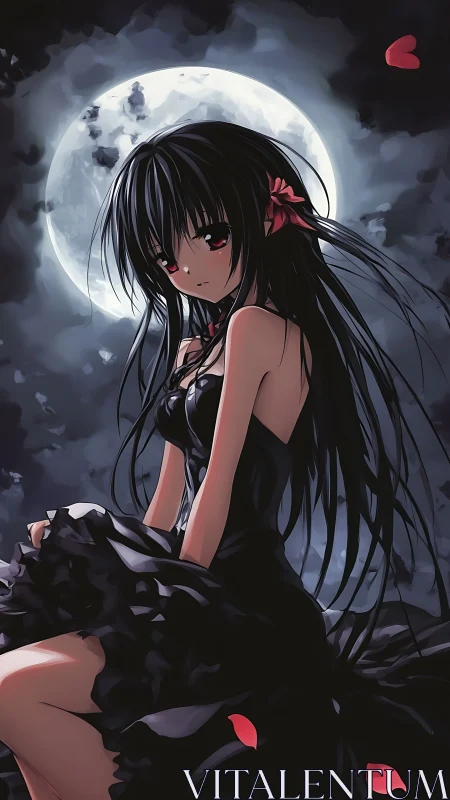 Moonlit girl in black dress with drifting crimson petals.