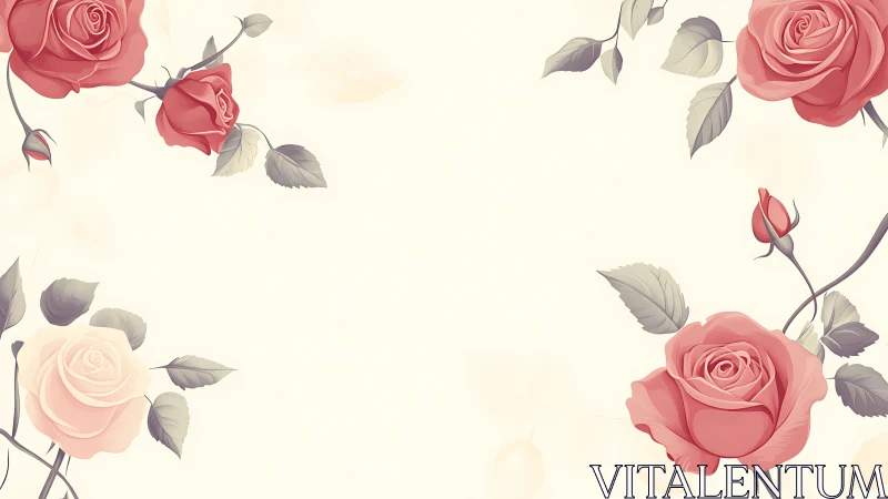 Botanical illustration with pink roses and buds on cream background.