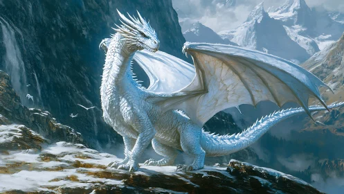 Snowlit dragon guardian resting high in quiet mountain air.