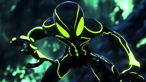 Neon alien sentinel crouches in glowing toxic forest
