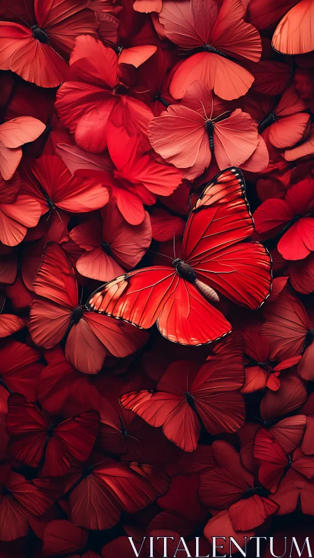 Digital painting of red butterfly swarm with focal contrast.