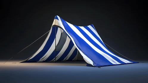 Striped blue tensile fabric tent under studio key lighting