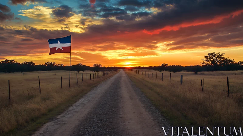 Lone star road dissolving into a wildfire Texas sunset.