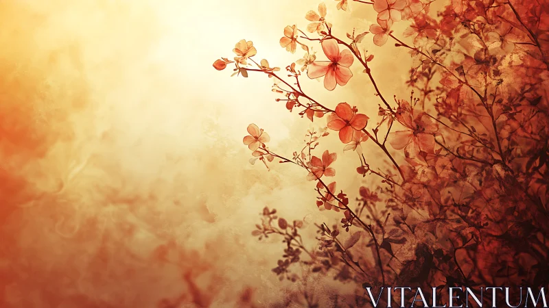 Red floral branches extend diagonally across warm gradient