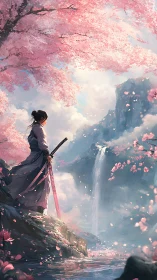 Samurai warrior overlooks misty waterfall under cherry blossoms.