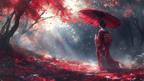 Scarlet forest path welcomes a quiet walk under red petals