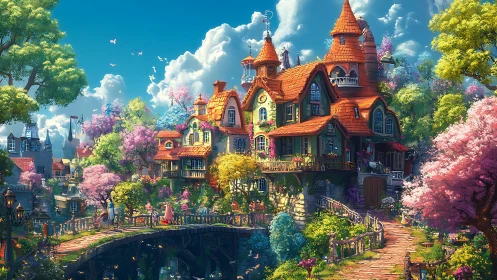 Whimsical riverside manor under vibrant spring foliage.