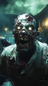 Photorealistic undead close-up with cinematic horror lighting.