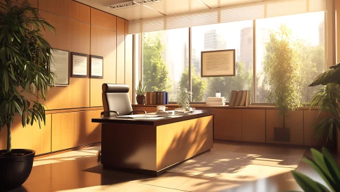 Sunlit executive office with modern wood paneling and greenery.