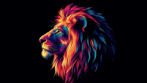 Vibrant neon lion profile with multicolor flowing mane.
